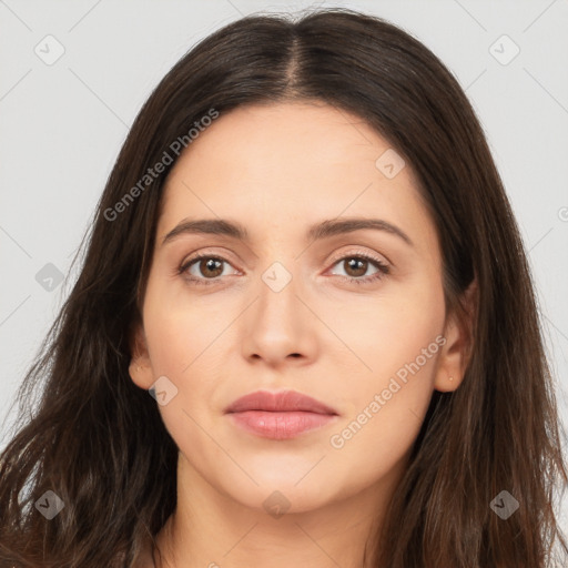 Neutral white young-adult female with long  brown hair and brown eyes