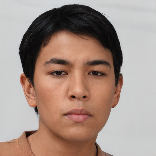 Neutral asian young-adult male with short  black hair and brown eyes