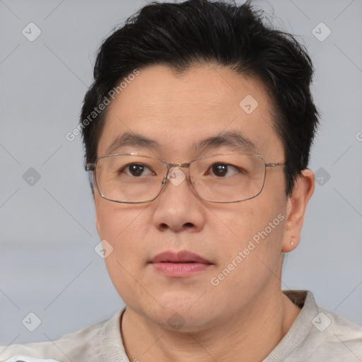 Neutral asian adult male with short  brown hair and brown eyes