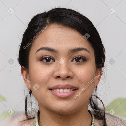 Joyful latino young-adult female with medium  brown hair and brown eyes