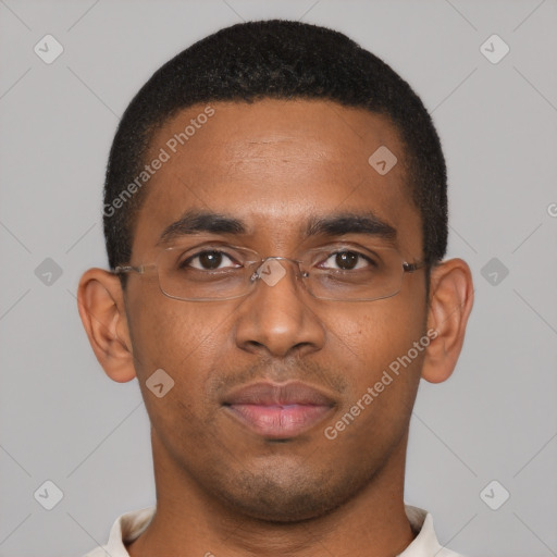 Neutral black young-adult male with short  black hair and brown eyes