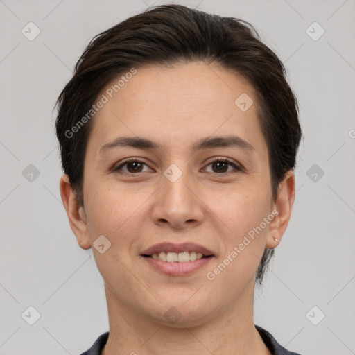 Joyful white young-adult female with short  brown hair and brown eyes