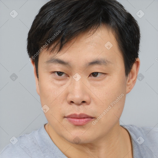 Neutral asian young-adult male with short  black hair and brown eyes