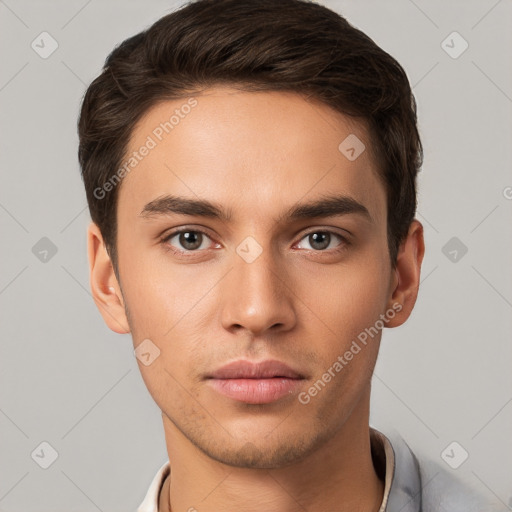 Neutral white young-adult male with short  brown hair and brown eyes