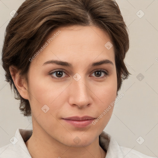 Neutral white young-adult female with medium  brown hair and brown eyes