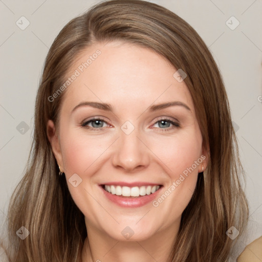 Joyful white young-adult female with long  brown hair and grey eyes