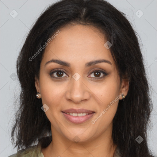 Joyful latino young-adult female with long  brown hair and brown eyes