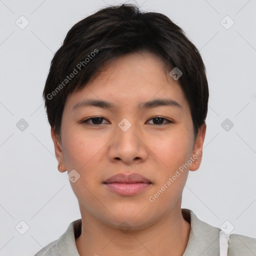 Neutral asian young-adult female with short  black hair and brown eyes