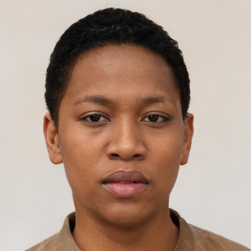 Neutral black young-adult female with short  black hair and brown eyes