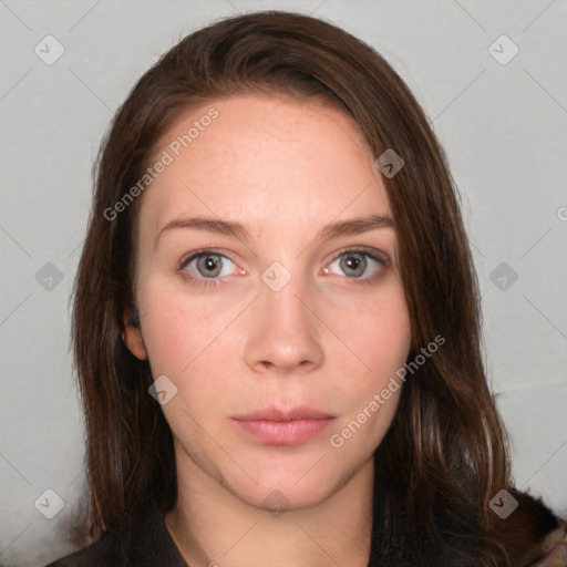 Neutral white young-adult female with long  brown hair and grey eyes