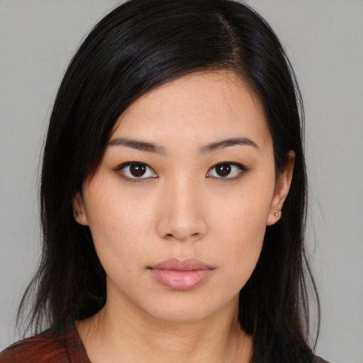 Neutral asian young-adult female with long  black hair and brown eyes