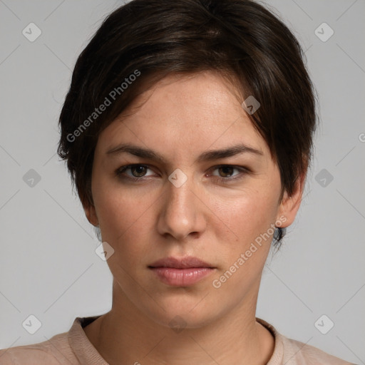 Neutral white young-adult female with medium  brown hair and brown eyes