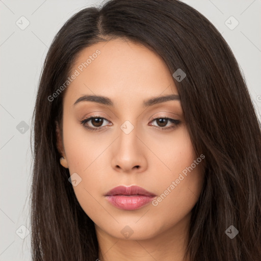 Neutral white young-adult female with long  brown hair and brown eyes