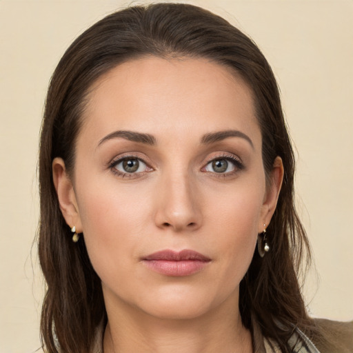 Neutral white young-adult female with long  brown hair and grey eyes