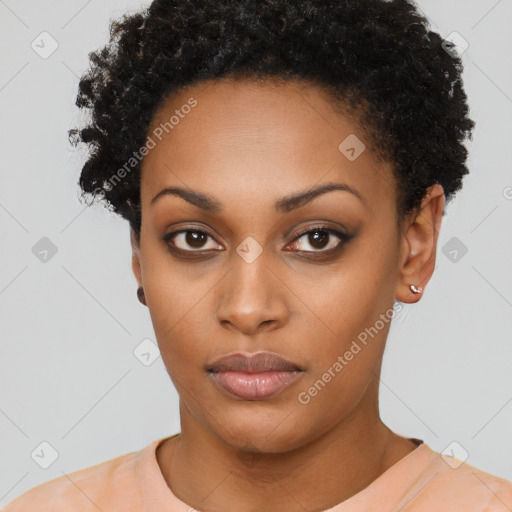 Neutral black young-adult female with short  black hair and brown eyes