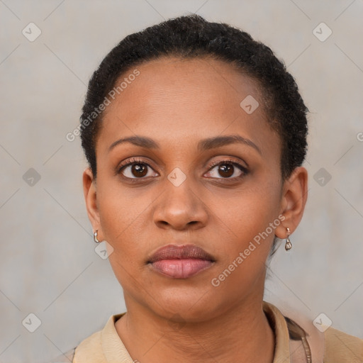 Neutral black young-adult female with short  brown hair and brown eyes