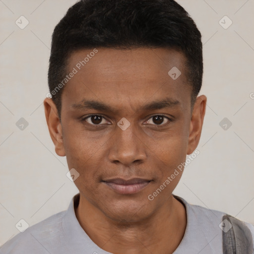 Neutral black young-adult male with short  black hair and brown eyes