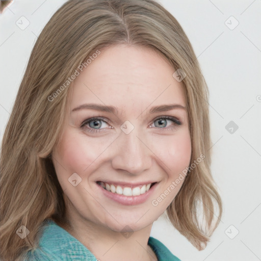 Joyful white young-adult female with medium  brown hair and blue eyes