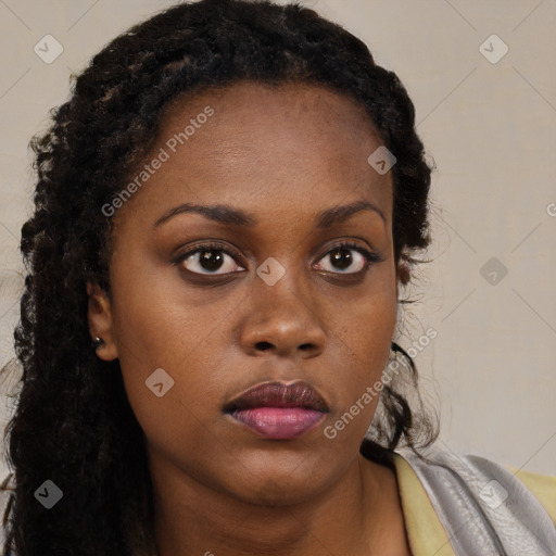 Neutral black young-adult female with long  brown hair and brown eyes