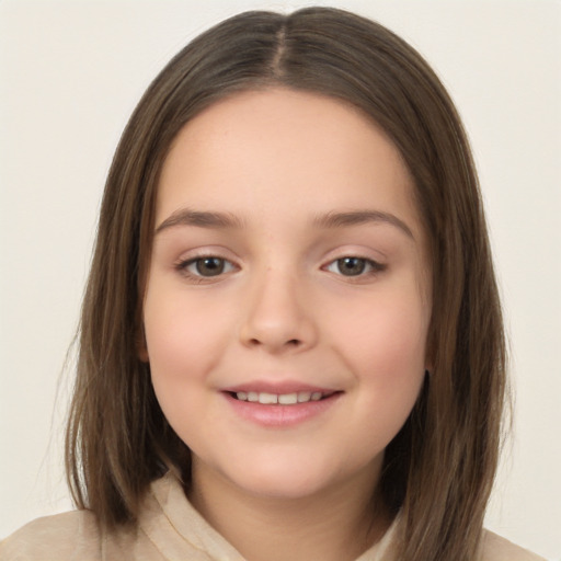 Joyful white child female with medium  brown hair and brown eyes