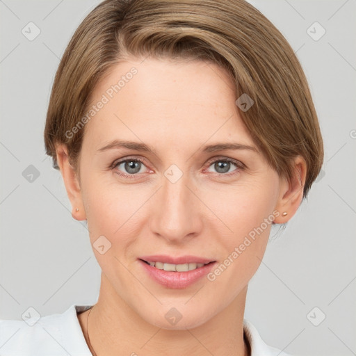 Joyful white young-adult female with short  brown hair and grey eyes