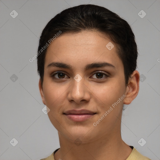 Joyful white young-adult female with short  brown hair and brown eyes