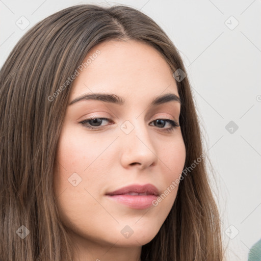 Neutral white young-adult female with long  brown hair and brown eyes