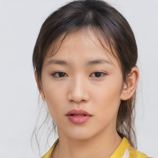 Neutral asian young-adult female with medium  brown hair and brown eyes