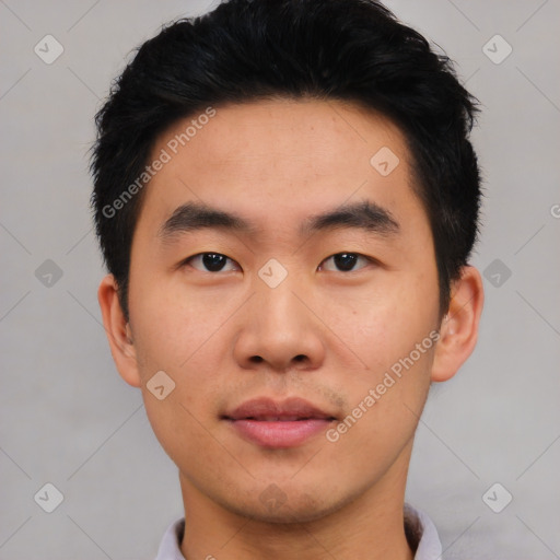 Neutral asian young-adult male with short  black hair and brown eyes