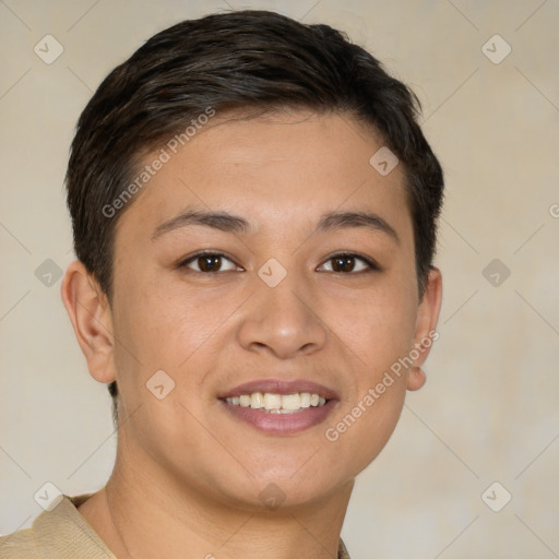 Joyful white young-adult female with short  brown hair and brown eyes