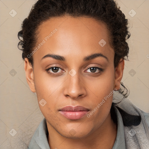 Neutral white young-adult female with short  brown hair and brown eyes