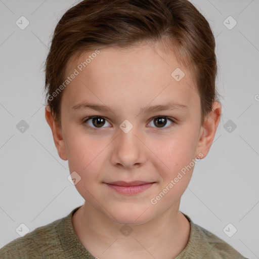 Joyful white child female with short  brown hair and brown eyes