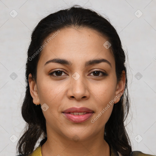 Joyful latino young-adult female with medium  brown hair and brown eyes