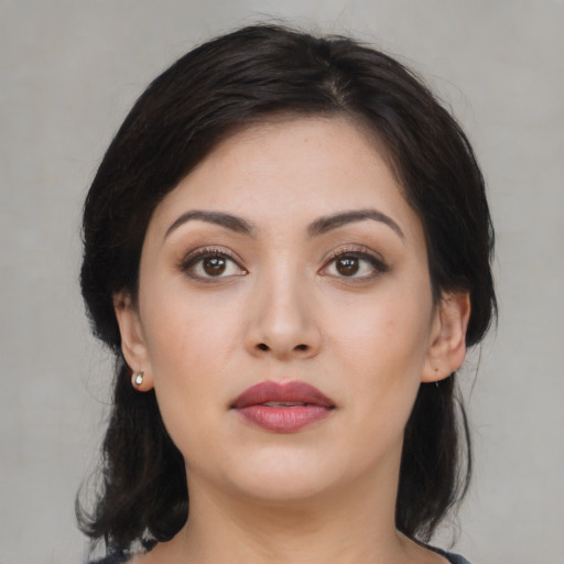 Neutral asian young-adult female with medium  black hair and brown eyes