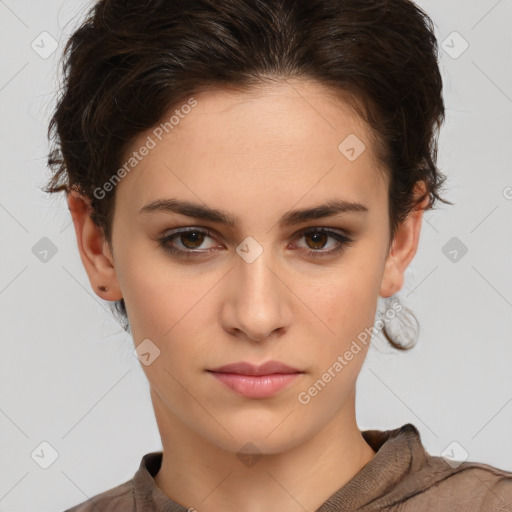 Neutral white young-adult female with short  brown hair and brown eyes