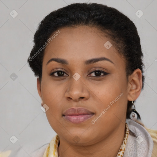 Joyful latino young-adult female with short  brown hair and brown eyes