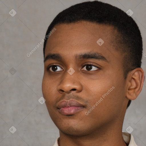 Neutral black young-adult male with short  black hair and brown eyes