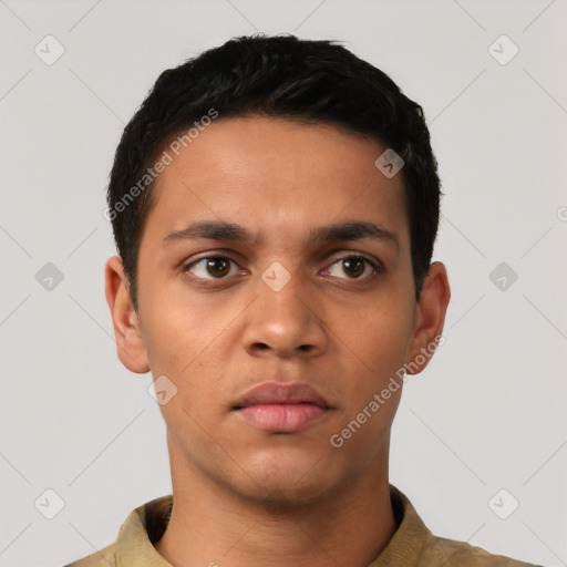 Neutral latino young-adult male with short  black hair and brown eyes