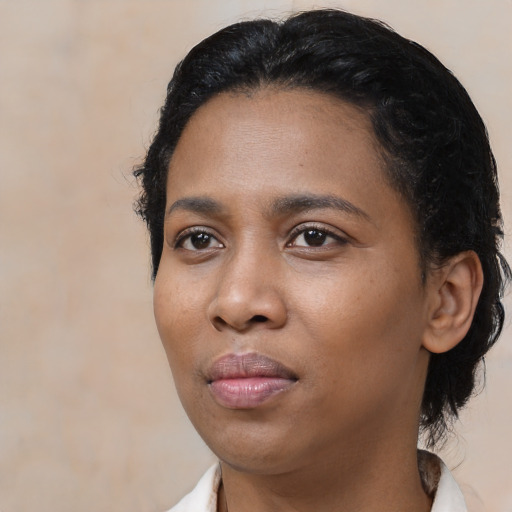 Neutral black young-adult female with medium  black hair and brown eyes