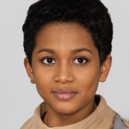 Neutral black young-adult female with short  black hair and brown eyes