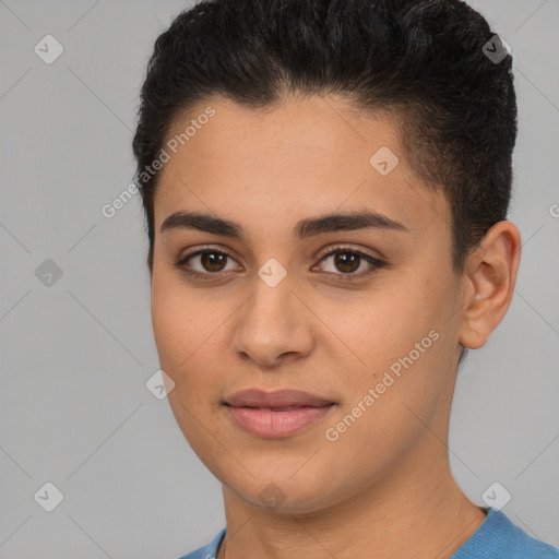 Joyful white young-adult female with short  brown hair and brown eyes