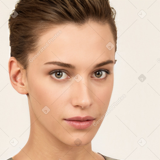 Neutral white young-adult female with short  brown hair and brown eyes