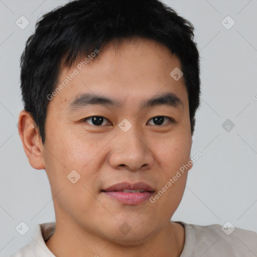 Joyful asian young-adult male with short  black hair and brown eyes