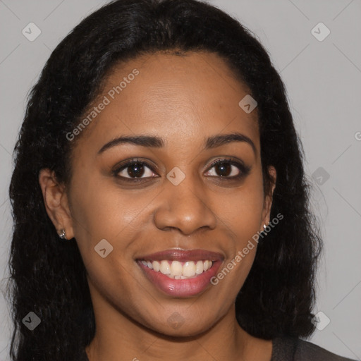 Joyful latino young-adult female with long  brown hair and brown eyes