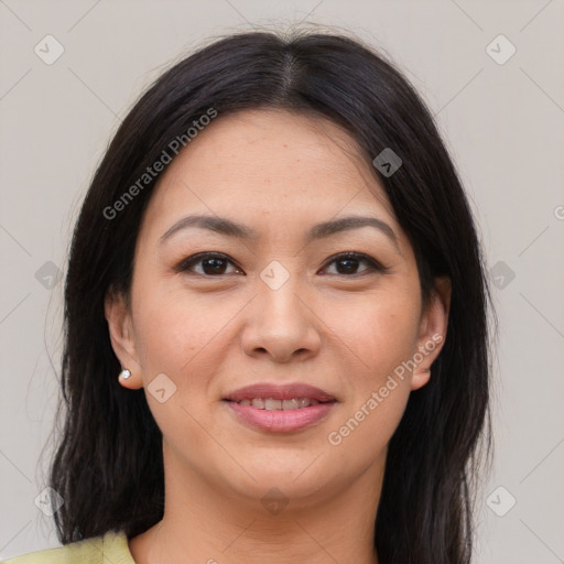 Joyful asian young-adult female with medium  brown hair and brown eyes