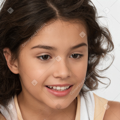 Joyful white child female with medium  brown hair and brown eyes