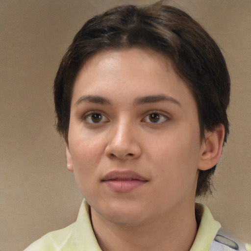 Neutral white young-adult female with medium  brown hair and brown eyes