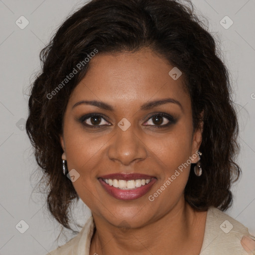 Joyful black young-adult female with medium  brown hair and brown eyes