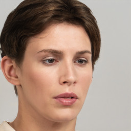 Neutral white young-adult female with short  brown hair and brown eyes