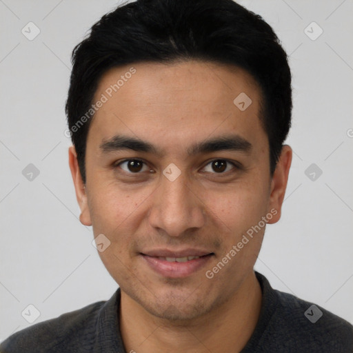 Joyful white young-adult male with short  black hair and brown eyes